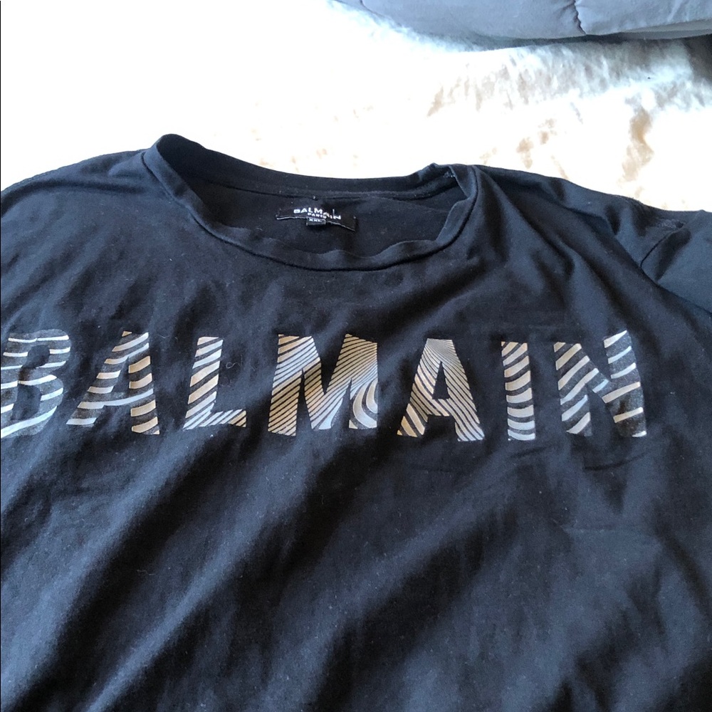 Balmain Black Men’s Logo Short Sleeve Tee with Striped Accent